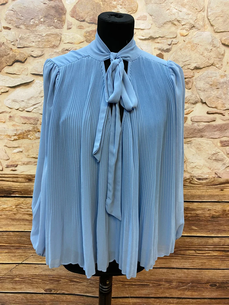 Vintage Schluppenbluse himmelblau Plissee elegant Gr. S