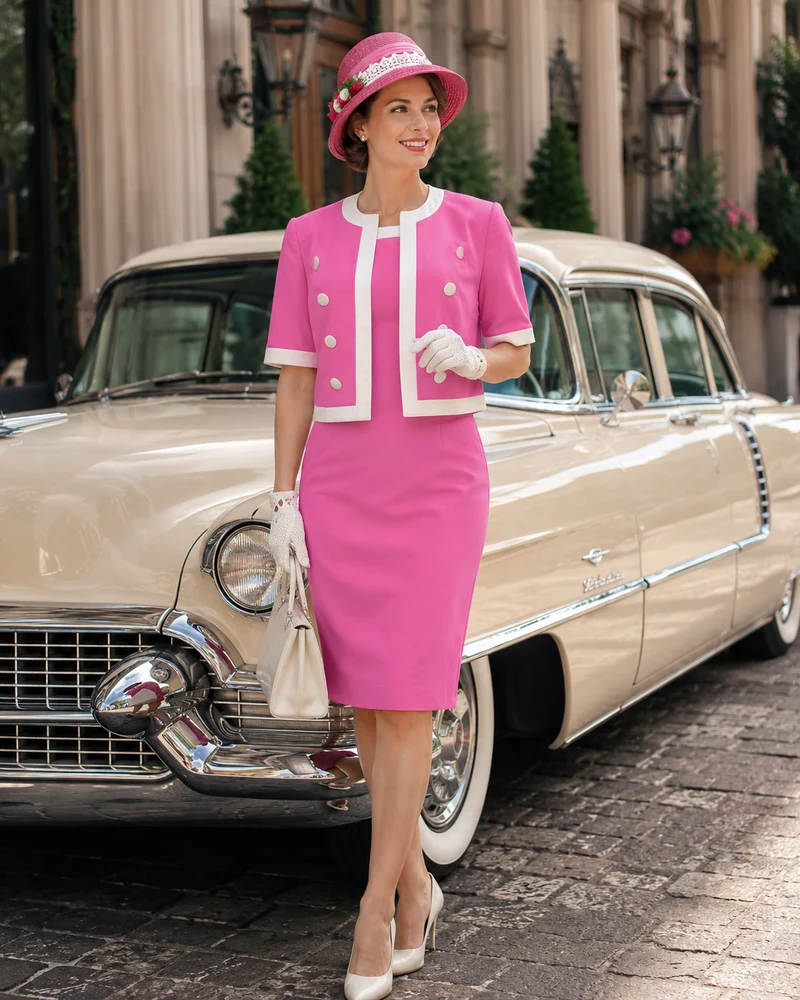 Vintage Damenkostüm in Pink mit Jacke, Hut und Handschuhen Gr. 40/42