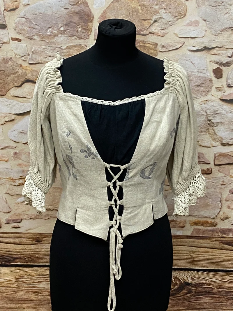 Vintage Trachtenmieder Damen Beige Schwarz Leinen Spitze Gr. 44