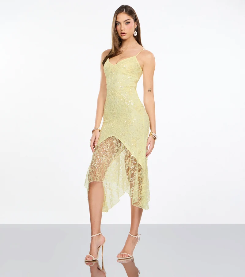 Roxie Beaded Lace Asymmetrical Midi Dress