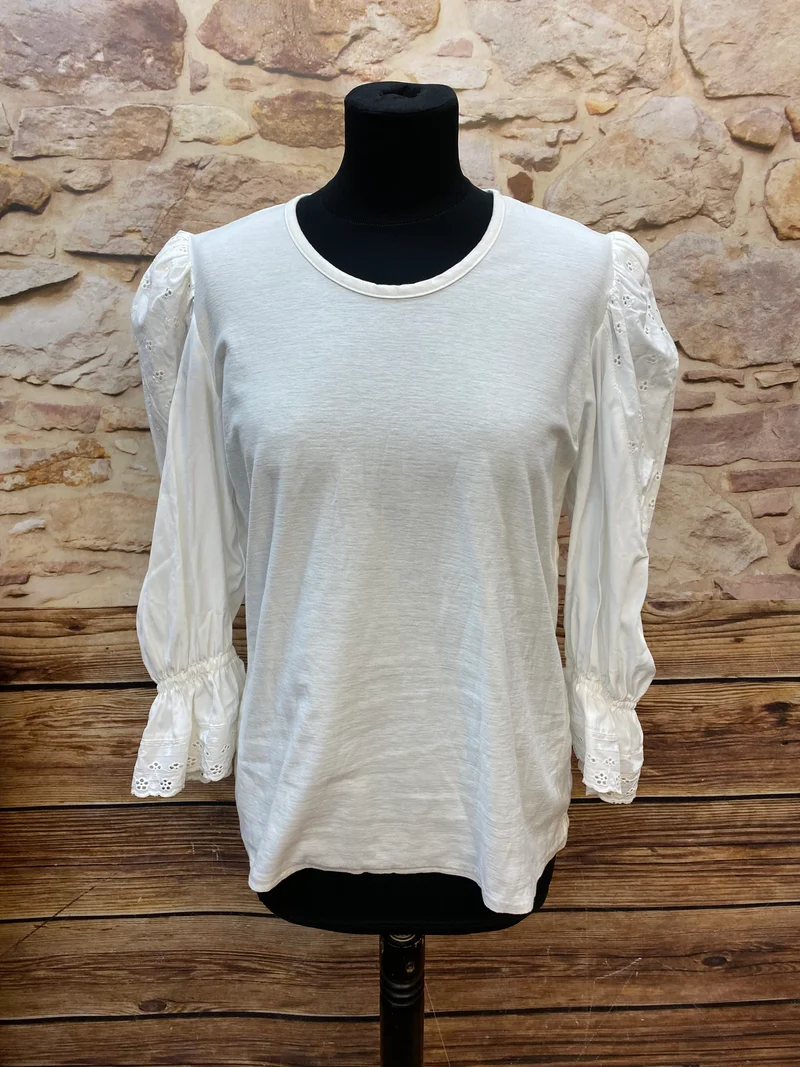 Weißes Trachtenshirt Damen Gr. 38 mit Spitze & Puffärmeln
