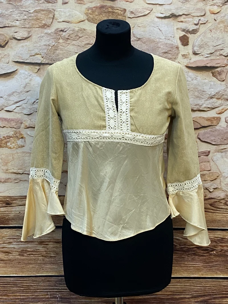 Elegantes Landhaus Oberteil Damen Creme Gold Gr. 34 mit Spitze