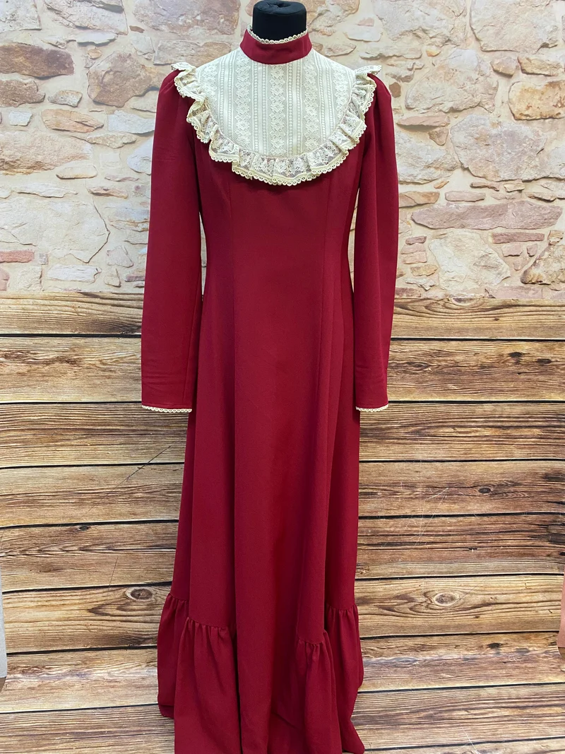 Elegantes Vintage-Kleid in Bordeauxrot mit Spitzenbesatz – Größe 38