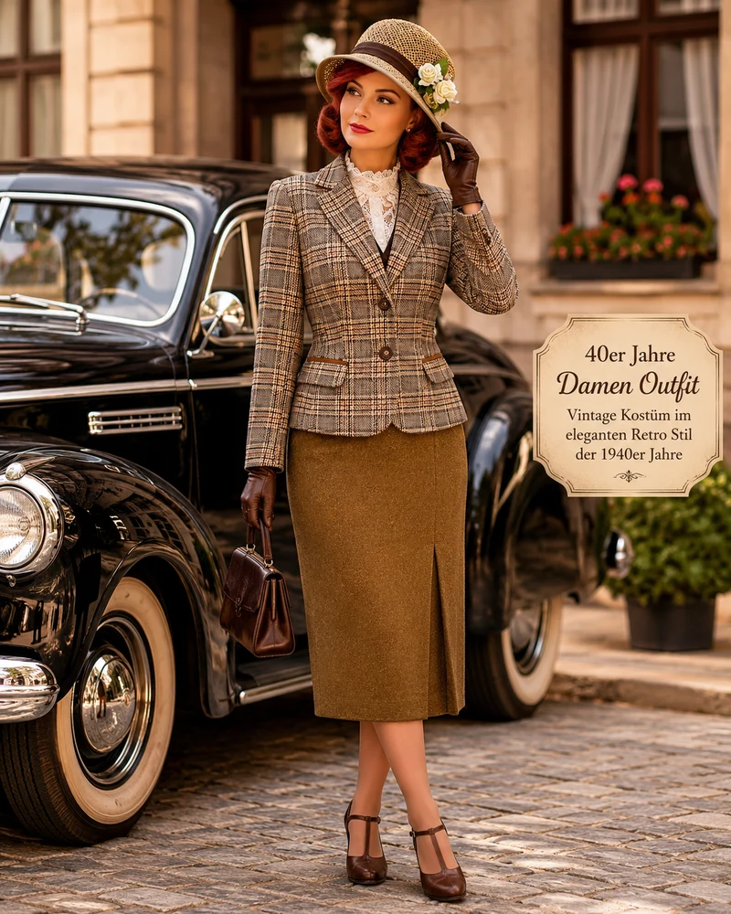 40er Jahre Outfit Damen – Vintage Kostüm mit Blazer, Rock & Hut (Größe 40)