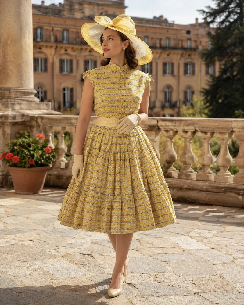 Tellerweites Damen-Kleid 50er Jahren aus Baumwolle, Unikat Gr.38
