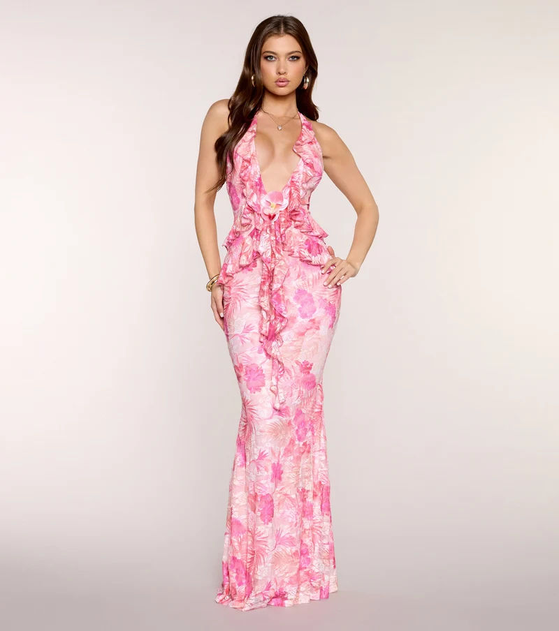 Hailie Tropical Floral Lace Formal Dress