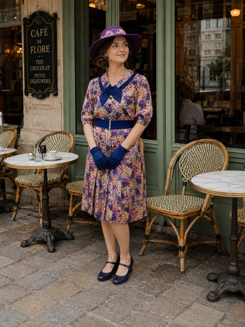Vintage 1970er Jahre Kleid Gr. 42 mit Hut, Gürtel & Handschuhen