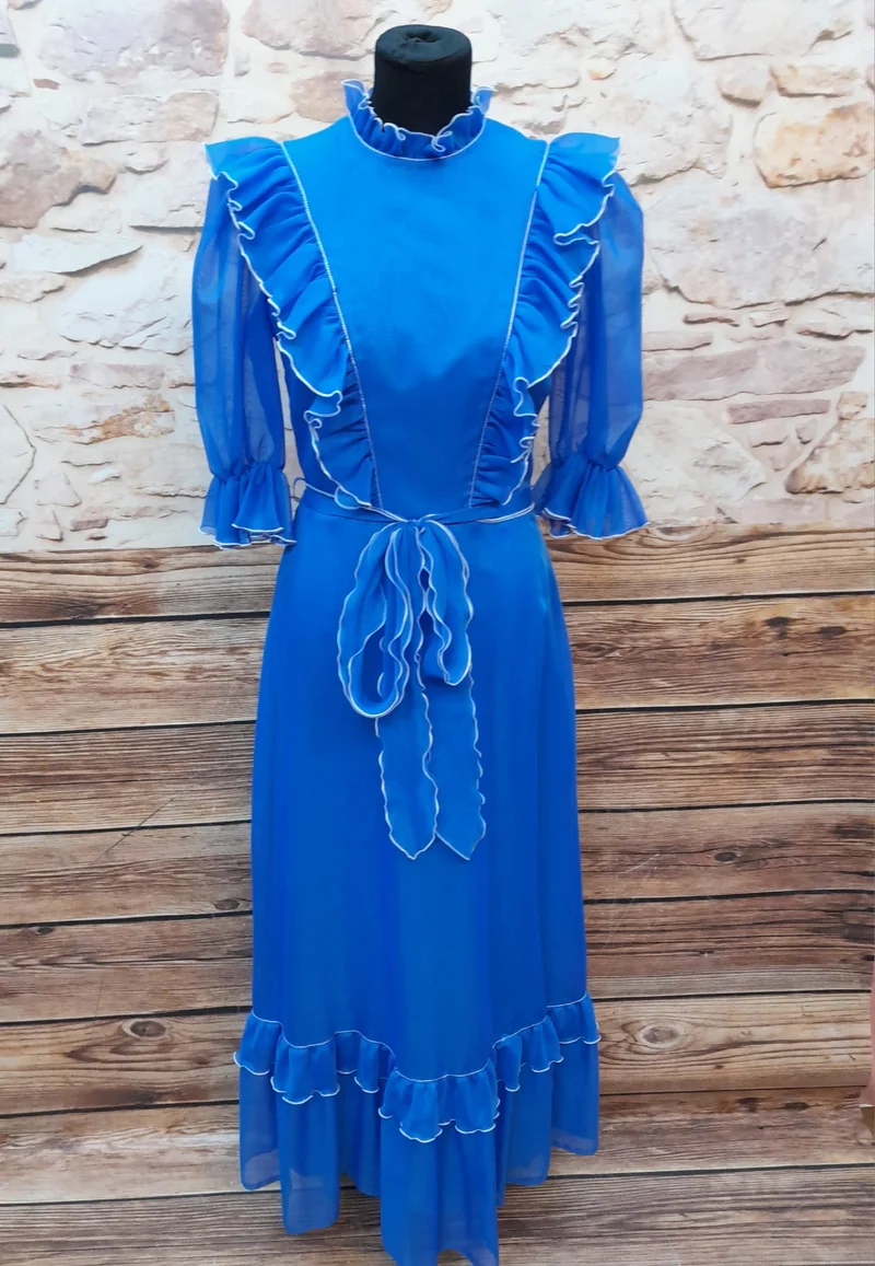 Vintage Bühnenkleid Blau – Theaterkostüm 70er Jahre Maxikleid Gr. 34 True Vintage