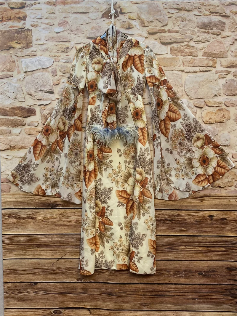 1970er Vintage Maxikleid Damen Braun Blumen Fledermausärmel Gr. 34