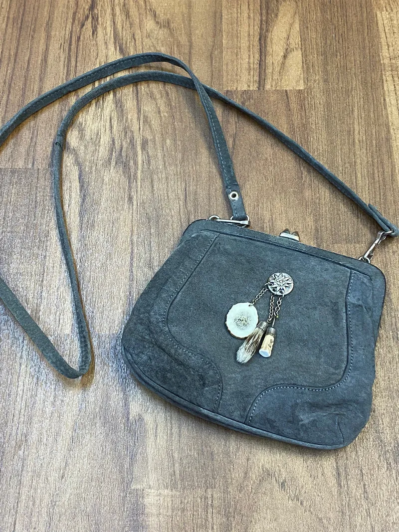 Vintage Trachten-Handtasche Wildleder Graugrün