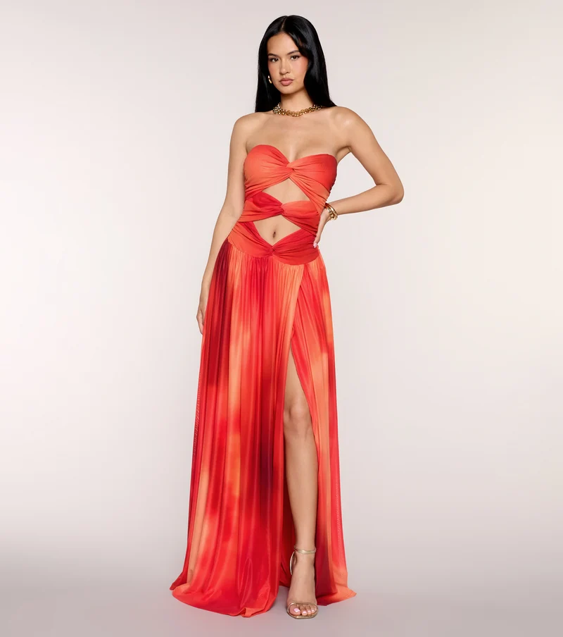 Dallas Mesh Print Beaded Formal Dress