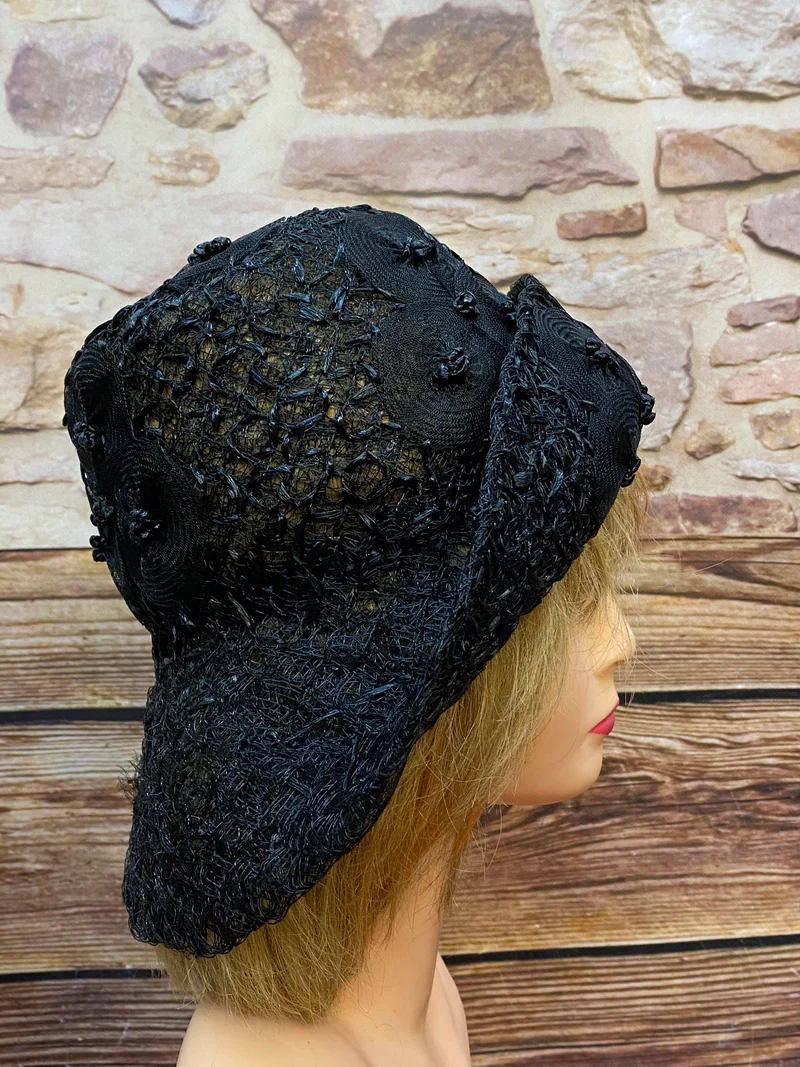 Schwarzer Vintage Hut Cloche Rollrand-Hut 20er Jahre, Gr.57