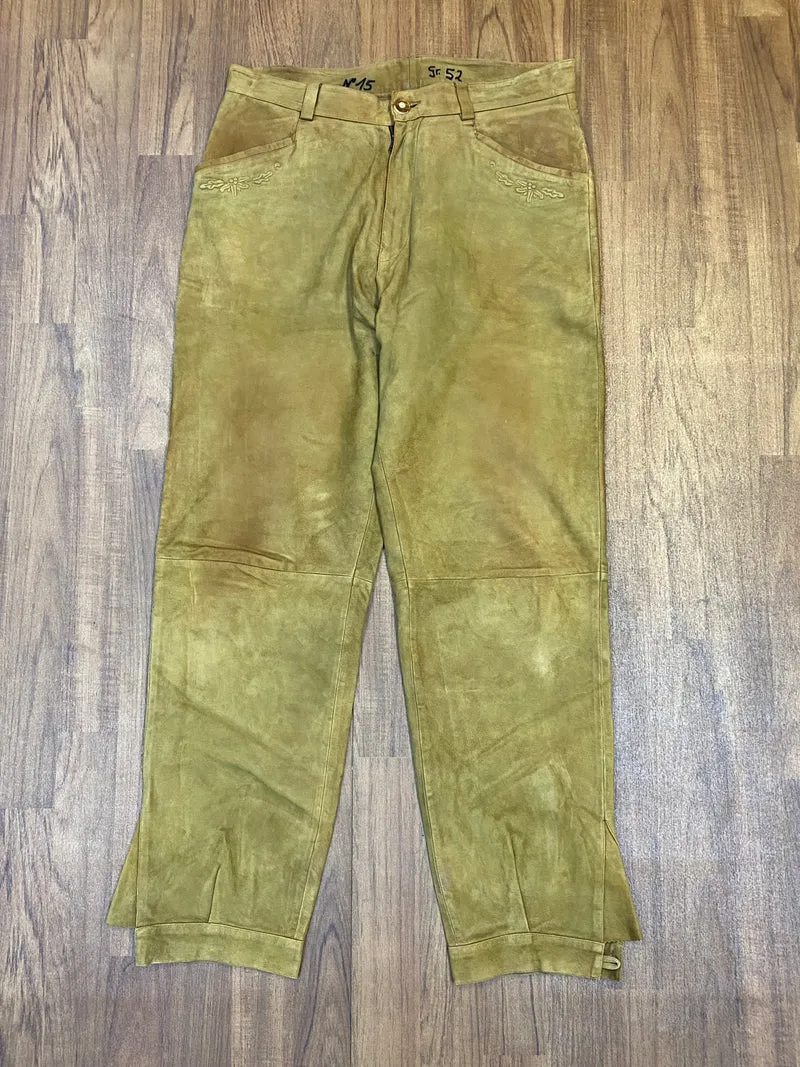 Vintage Trachten Lederhose Herren lang Echtleder Braun/Olive Gr. 52