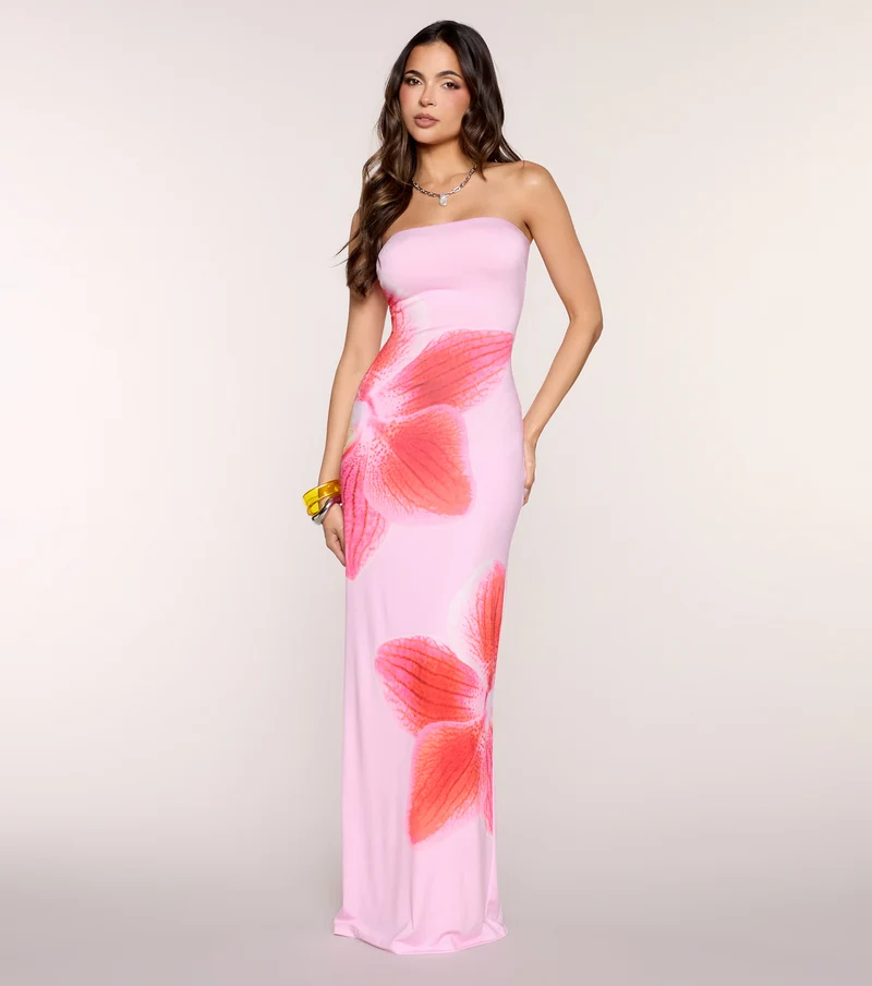 Getaway Glam Tropical Floral Maxi Tube Dress