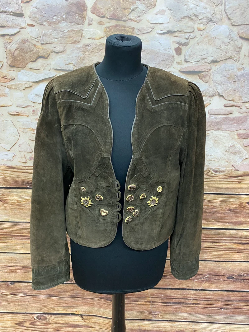 Vintage Trachten Lederjacke Damen Gr. 38 Braun Grün C&A Landhausstil