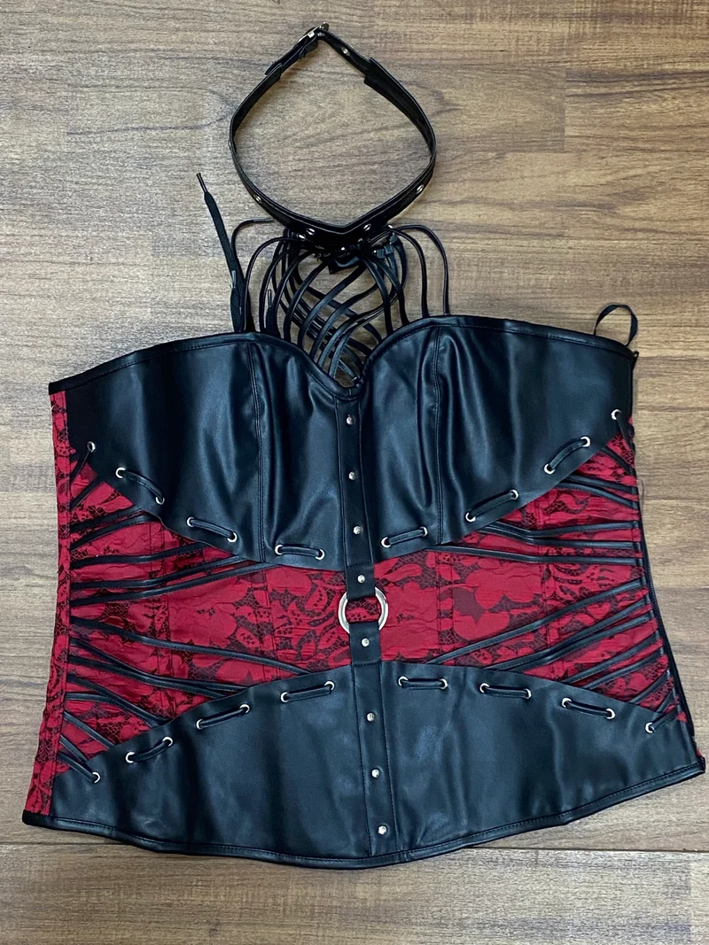 Steampunk Ledercorsage Schwarz-Rot Gr. XXXL