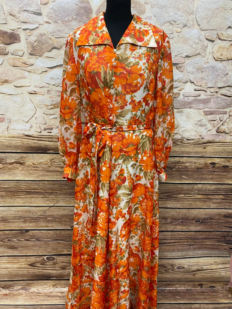 70er Jahre Maxi-Kleid True Vintage Original Gr.44 orange