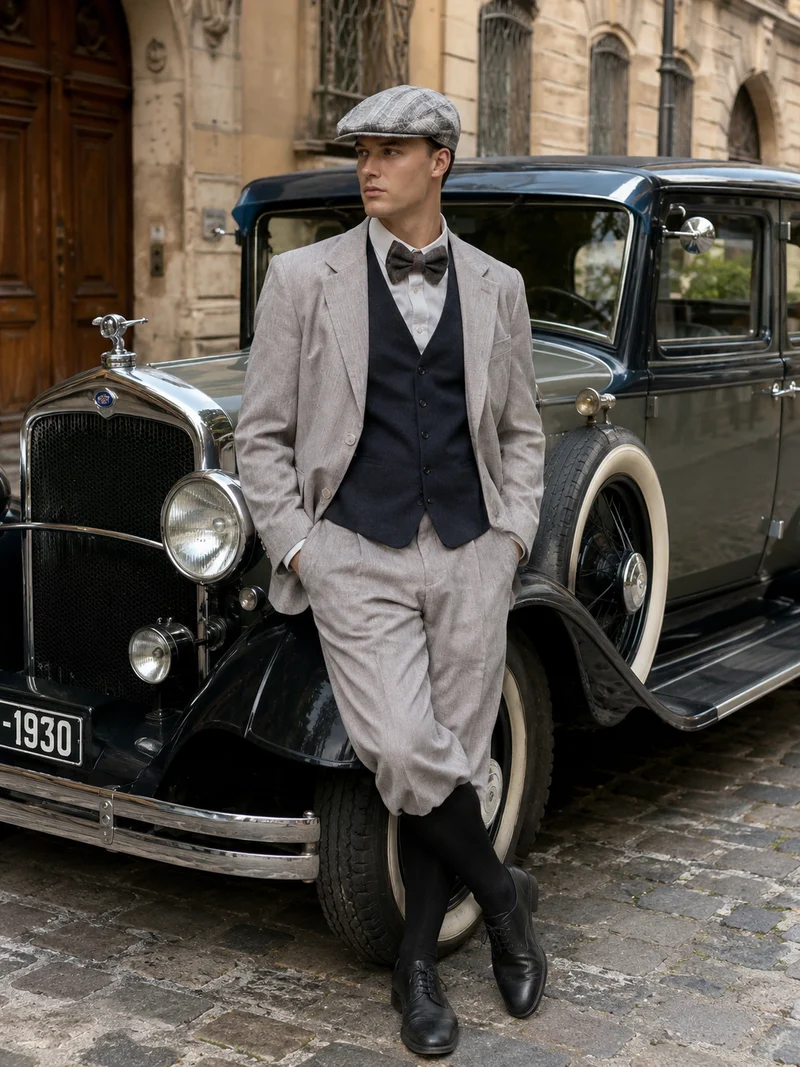 20er Jahre Herren Outfit hell Gr. ca. 58 – Knickerbocker Anzug mit Weste, Fliege & Schiebermütze