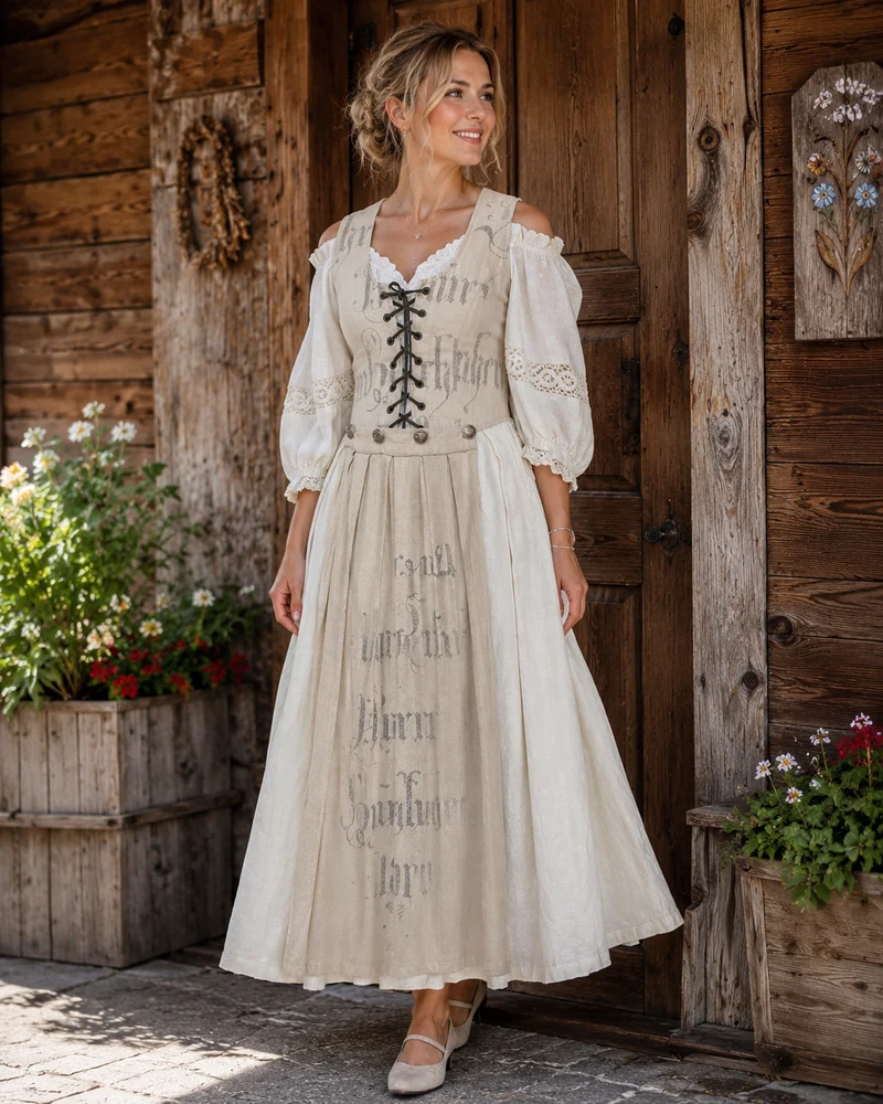 Optimale Überschrift Vintage Trachtenkleid Stockerpoint Leinen natur Gr. 38