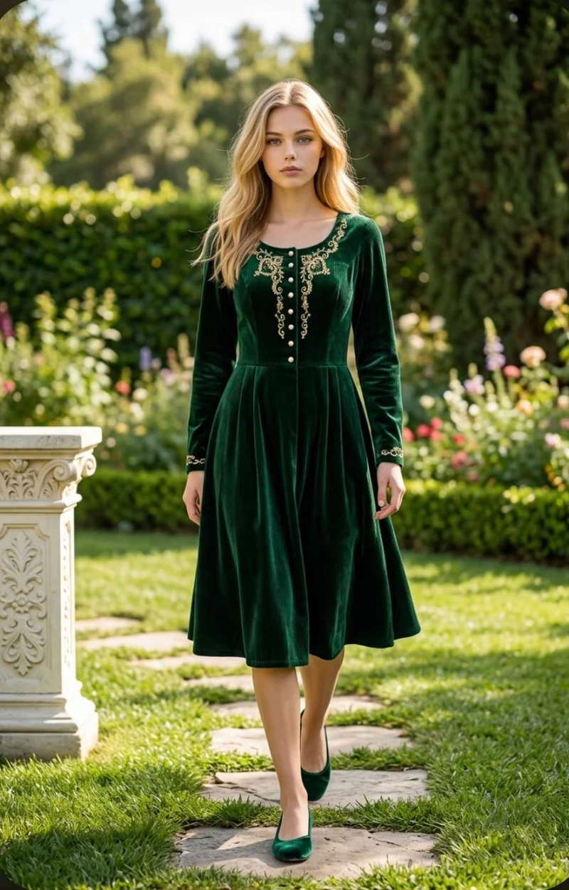 1970er Vintage Samtkleid grün Trachtenkleid Damen Gr. 44