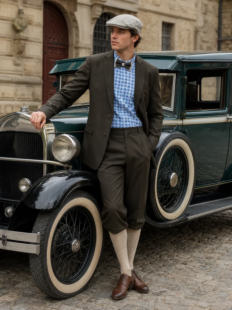 20er Jahre Herren Outfit braun Gr. 56 – Knickerbocker Anzug mit Schiebermütze, Fliege & kariertem Hemd