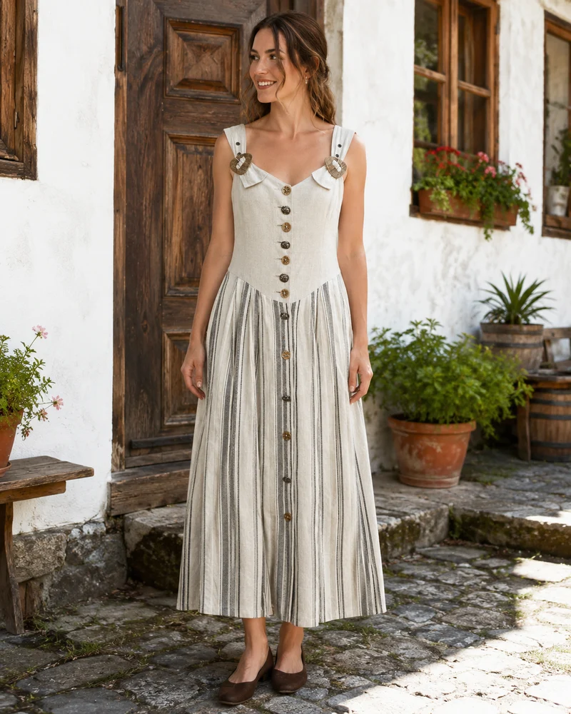 Vintage Trachtenkleid Leinen Natur Gestreift Gr. 38 – langes Landhauskleid