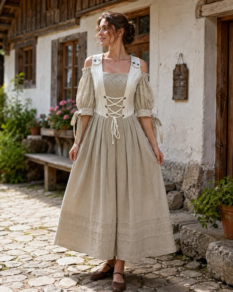 Vintage Landhauskleid lang Natur Beige Gr. 36 – Leinenmix
