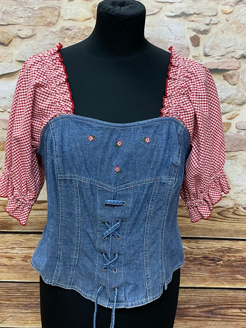 Trachtenmieder Damen Größe 42 – Jeansoptik & Karoärmel, 100 % Baumwolle