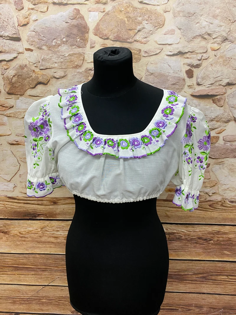 Vintage Dirndlbluse - lila grüner Stickerei, Gr.40