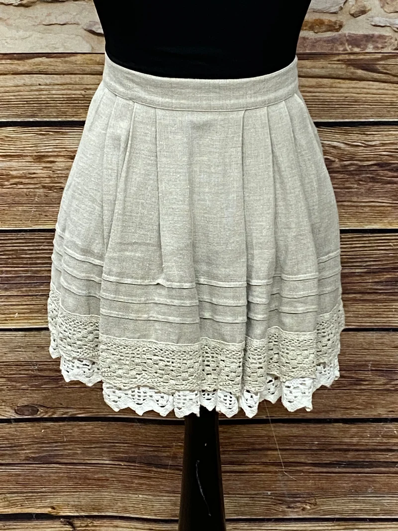 Vintage Trachtenrock Damen Leinen Beige mit Klöppelspitze Gr. 36