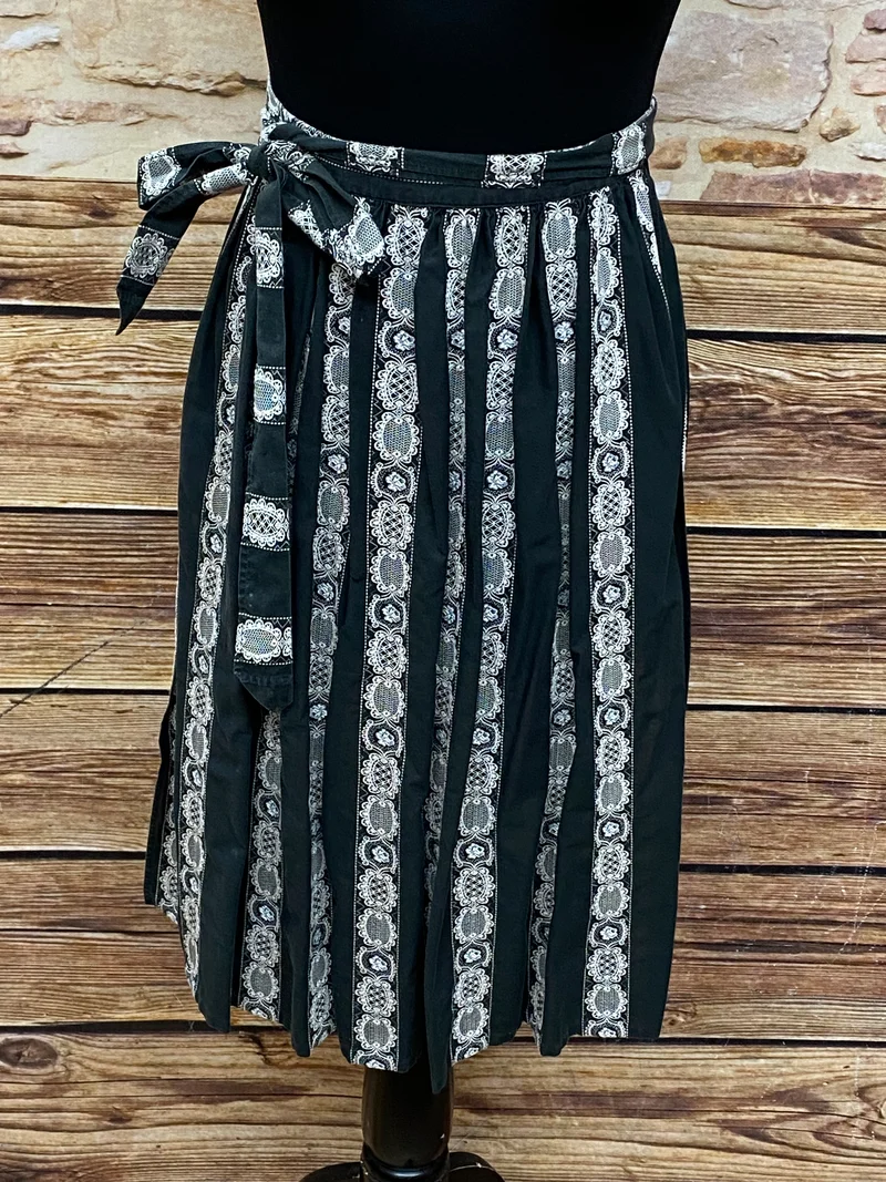 Vintage Dirndlschürze schwarz weiß - Rankenborte, mittellang