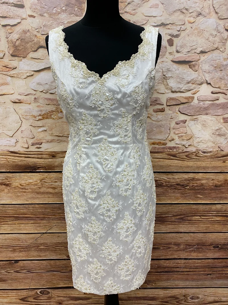 Vintage Standesamtkleid ivory Spitze Perlen White Fashion Gr. 38