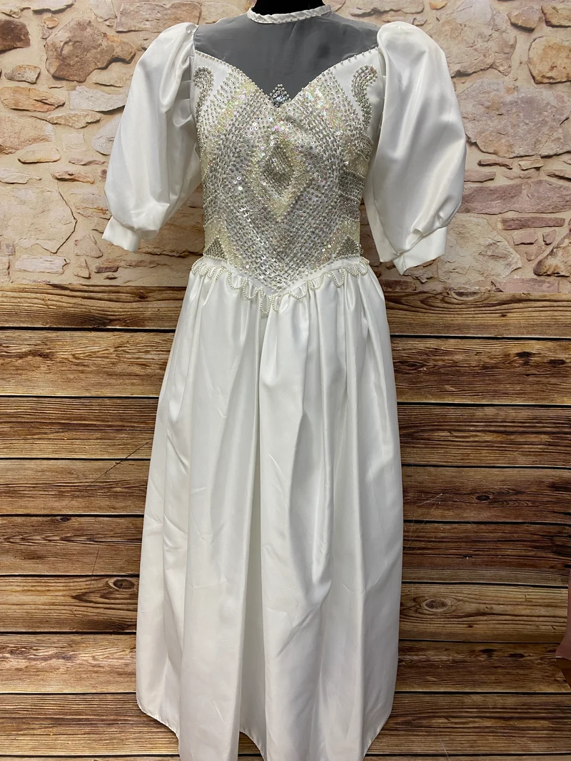 Glitzerndes Vintage-Brautkleid mit Puffärmeln – Gr. 42