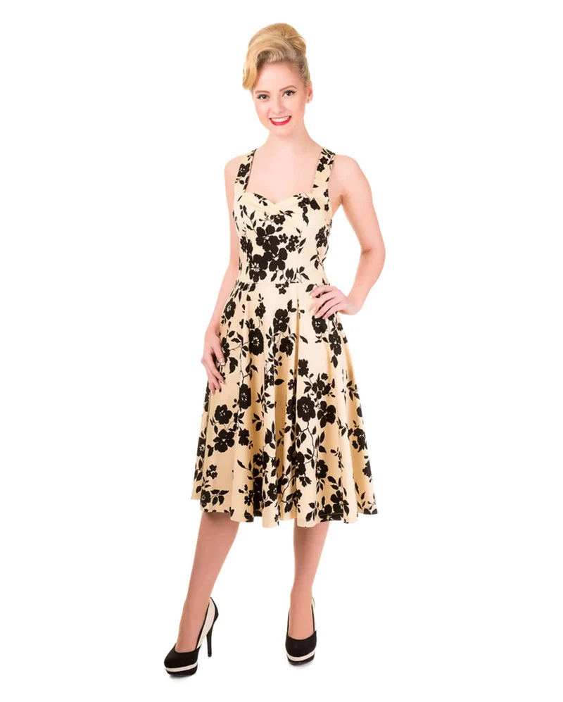 50`s Neckholder Kleid mit Blumen beige/schwarz