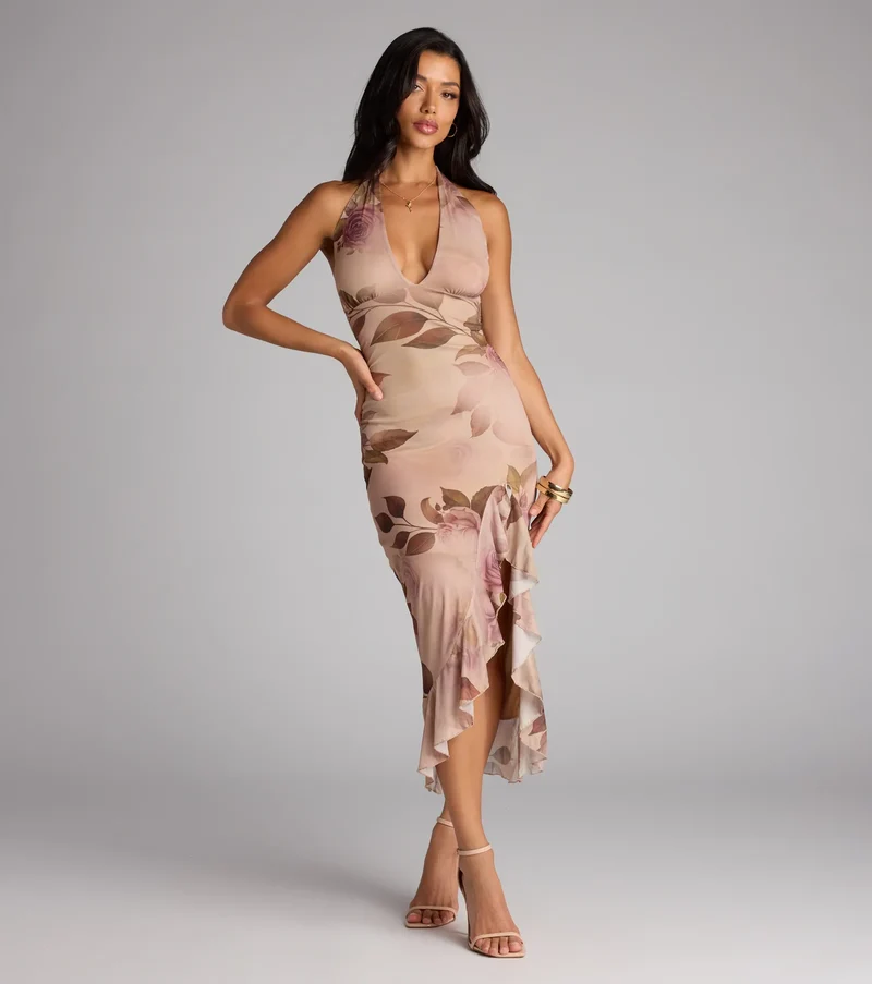 Crush Worthy Floral Mesh Halter Midi Dress