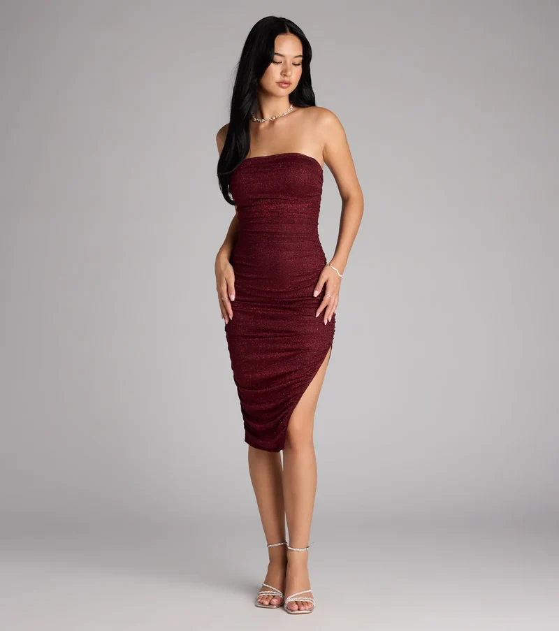 Shimmering Allure Glitter Tube Midi Dress