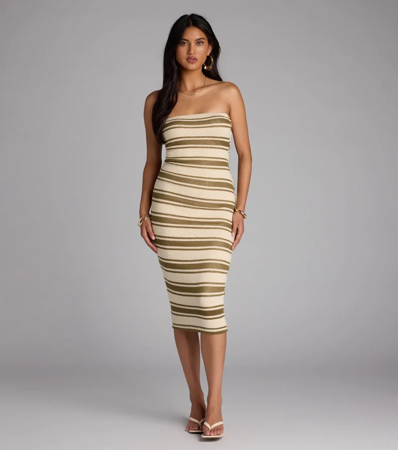 Own The Room Striped Knit Midi Tube Dress
