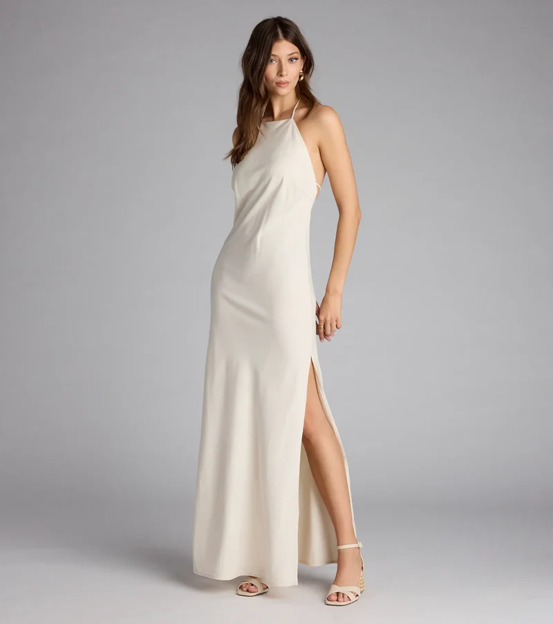 Coastal Chic Linen Halter Maxi Dress