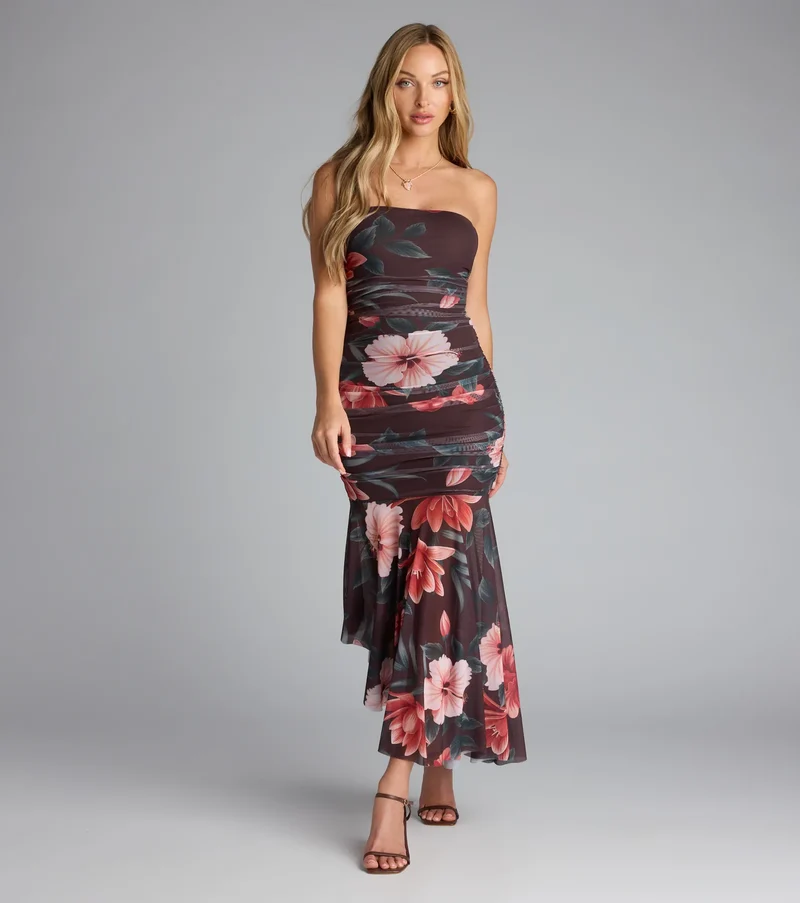 Golden Hour Tropical Floral Mesh Midi Dress
