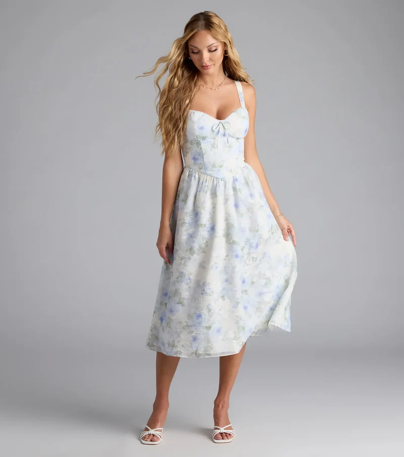 Charmed Sweetness Lace-Up Floral Chiffon Midi Dress