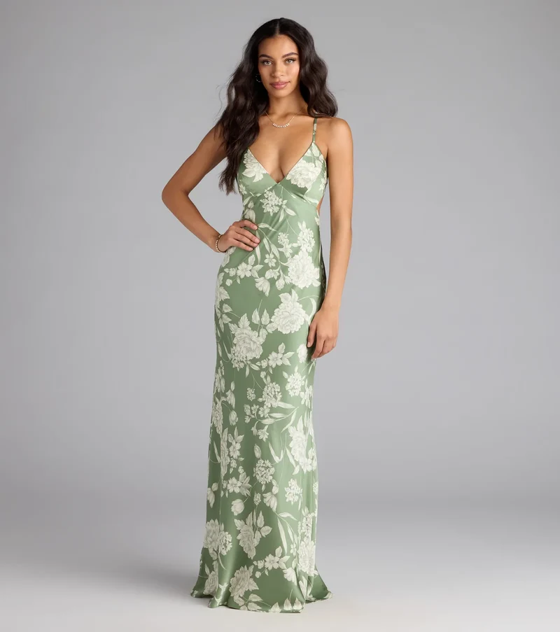 Daniella Lace-Up Floral Satin Formal Dress