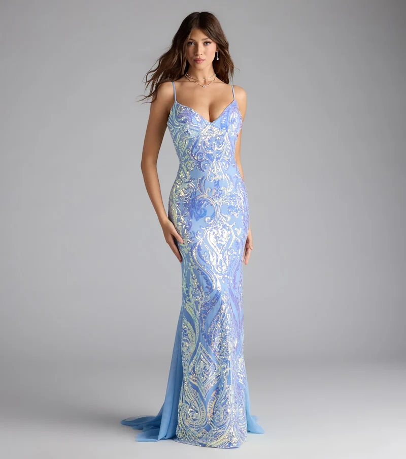 Ilse Sequin Mesh Lace-Up Mermaid Dress