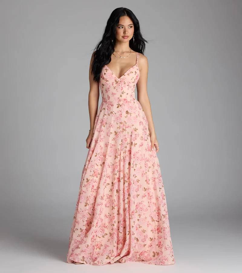 Ysabella Lace-Up A-Line Floral Chiffon Formal Dress