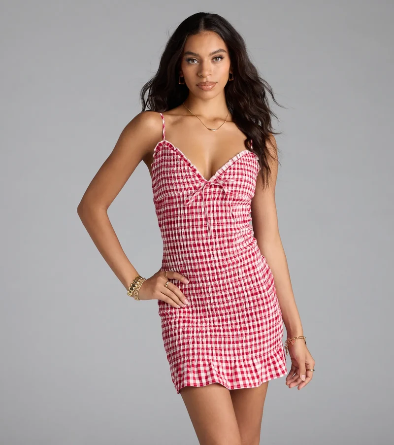 Girly Gingham Print Ruffled Mini Dress
