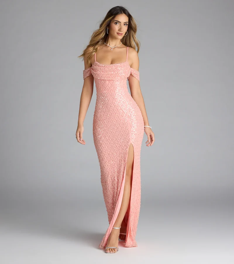 Sophina Cold Shoulder Pearl Beaded Sequin Formal Dress