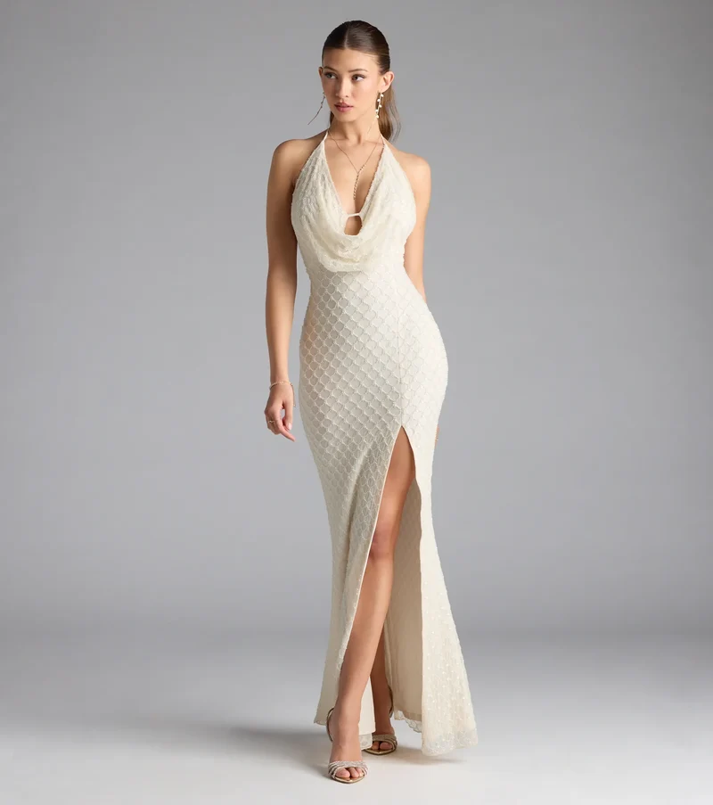 Alana Halter Beaded Sequin Formal Dress
