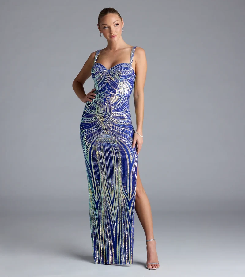 Elisa Iridescent Sequin High Slit Column Dress