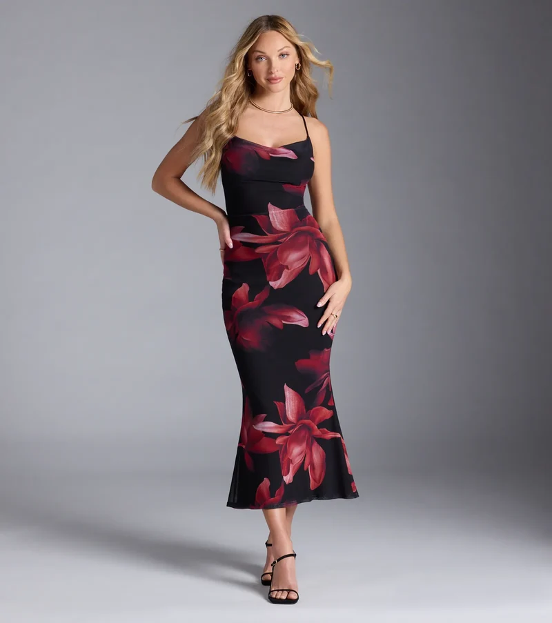 Captivating Floral Mesh Lace-Up Midi Dress