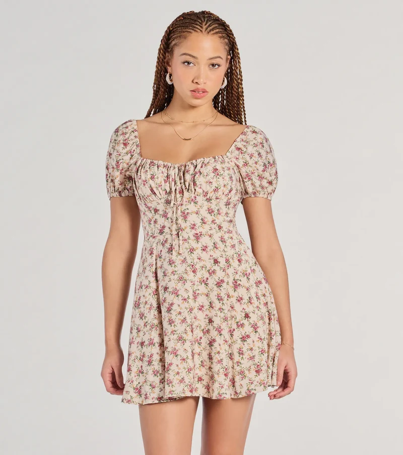 Prettiest Darling Puff Sleeve Floral Skater Dress
