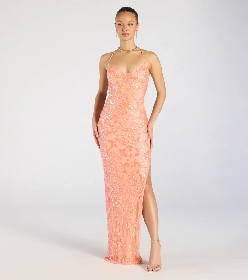 Zadie Lace-Up High Slit Sequin Formal Dress